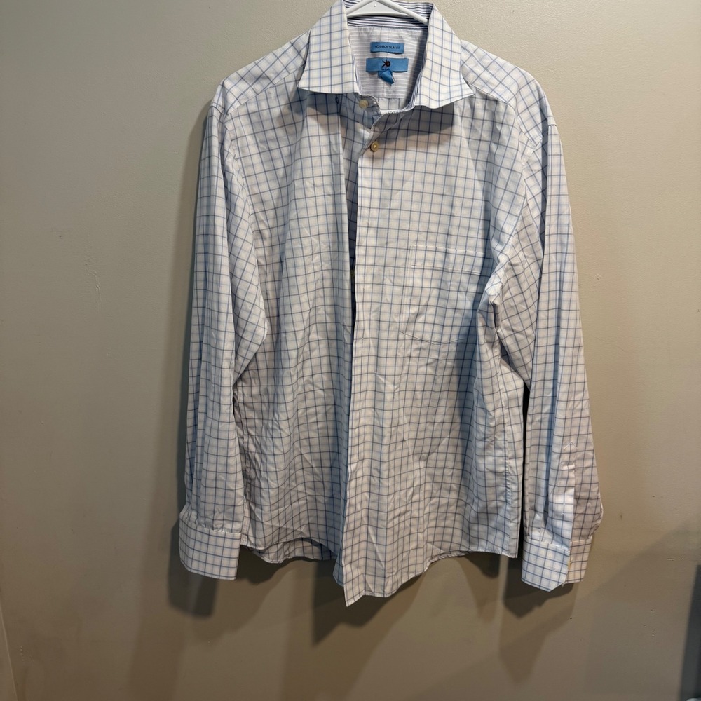 Egara Mens XL 17-17.5 Non-Iron Slim Fit Dress Shirt Blue White Windowpane Check
